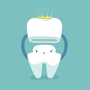 Dental crown, tooth put in crown, dental cartoon concept.