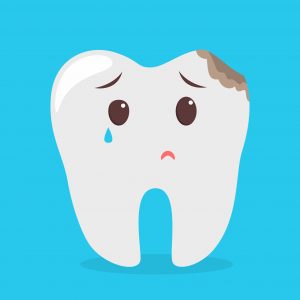 Sad tooth character cry from caries. Idea of dental and oral care. Bad hygiene and pain in teeth. Isolated flat vector illustration