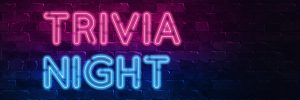 trivia night neon sign. purple and blue glow. neon text. Brick wall lit by neon lamps. Night lighting on the wall. 3d illustration. Trendy Design. light banner, bright advertisement