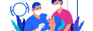 Medical insurance template - routine dental checkups - modern flat vector concept digital illustration of a dental procedure - patient, dentist checking teeth and a nurse, the dental office or laboratory
