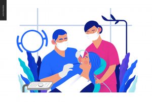 Medical insurance template - routine dental checkups - modern flat vector concept digital illustration of a dental procedure - patient, dentist checking teeth and a nurse, the dental office or laboratory