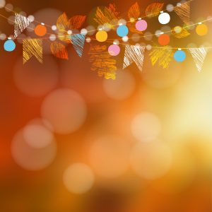 Autumn fall card, banner. Garden party decoration. Garland of oak, maple leaves, lights, party flags.Vector blurred illustration background.