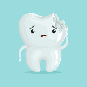 Cute sad cavity cartoon tooth character, childrens dentistry, dental care concept vector Illustration on a light blue background