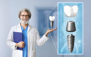 Male dentist with digital model of tooth implant in clinic