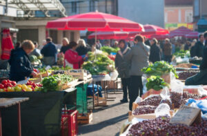 Unrecognizable people at a food market in Zagreb, Croatia