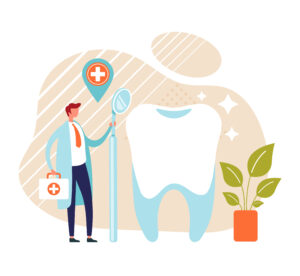 Dentist doctor character examining tooth. Medicine health care c
