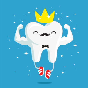 Happy healthy and strong tooth with gold crown and red sneakers. Vector illustration on a blue background. Concept of children's dentistry. Excellent dental card. Cute character. Caries prevention.